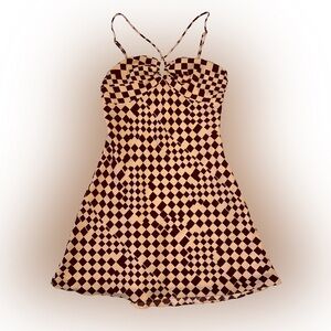 Isalis Brown Checkered Bandeau Y2K 90s Retro Style Keyhole Mini Dress